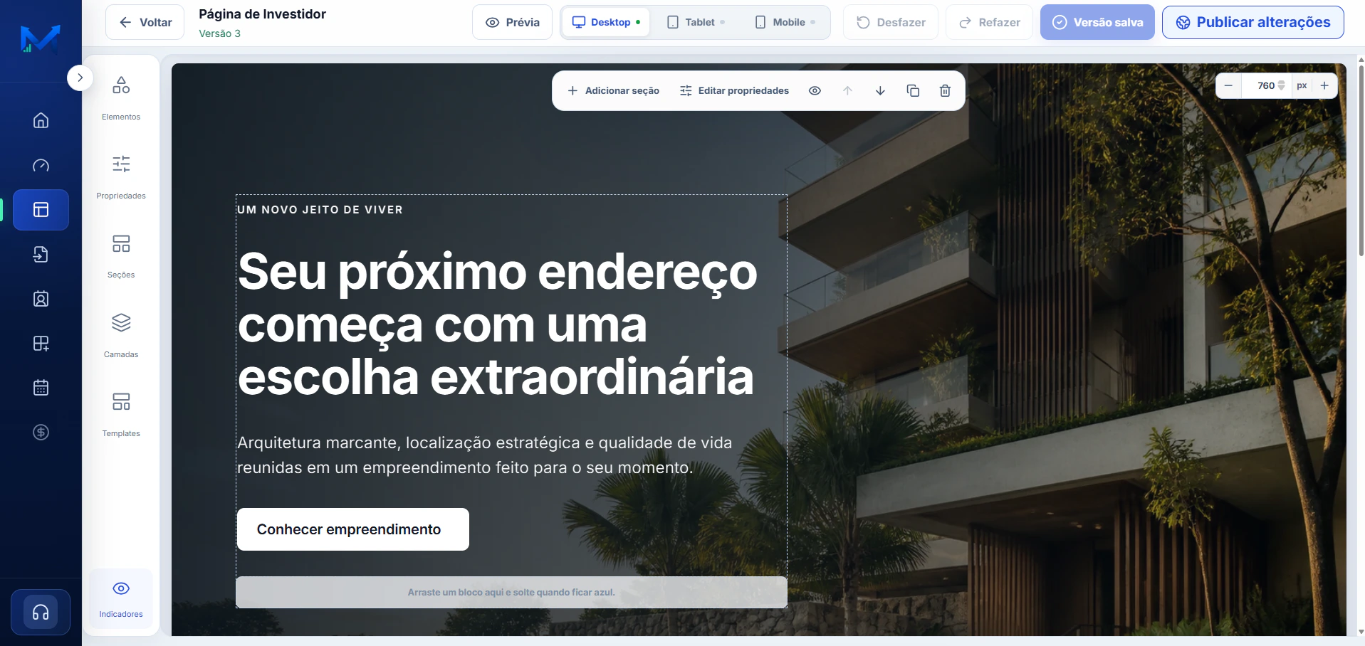 Editor real de Landing Pages do MacImob